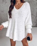 V-Neck Beaded Long Sleeve Fluffy Oversized Pullover Sweater