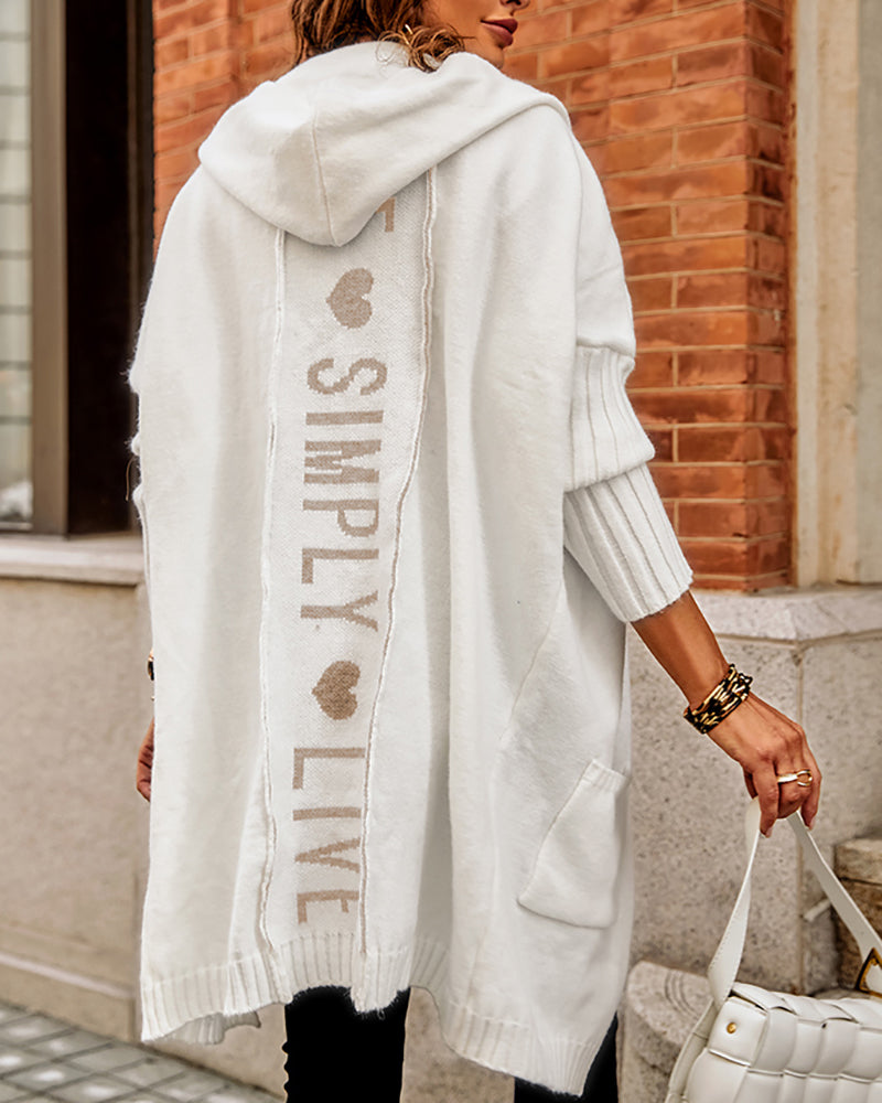 Hooded Heart Pattern Oversized Cardigan with Open Front