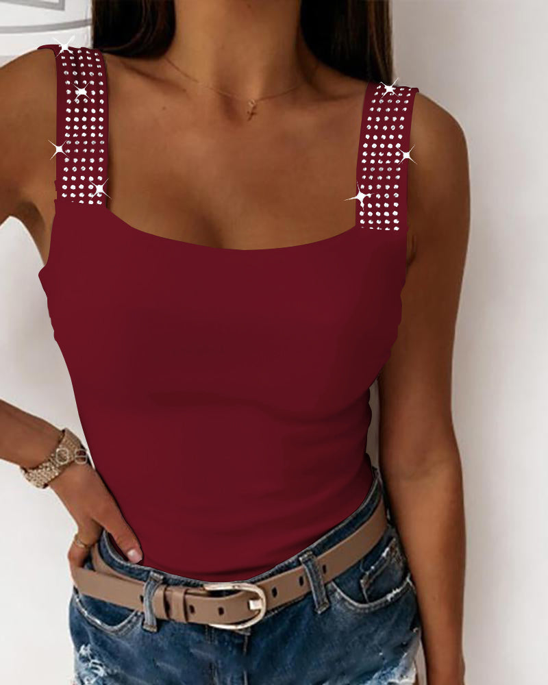 Thick Strap Tank Top with Rhinestone Embellishments