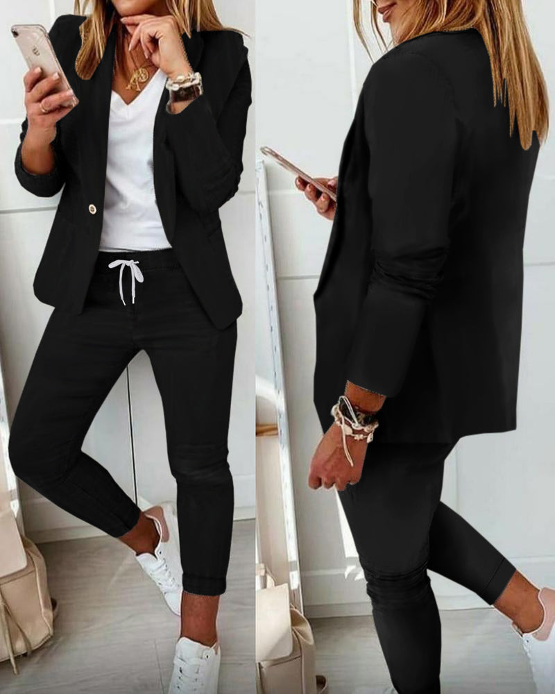 2-Piece Shawl Collar Blazer Set with Slim Fit Drawstring Pants