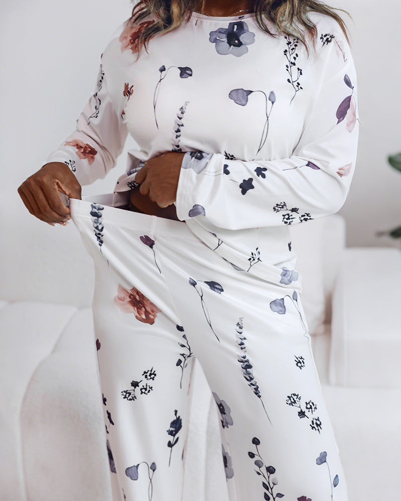 Floral Print Long-Sleeve Top and Pants Casual PJ Set