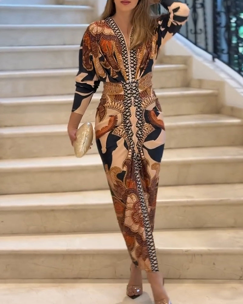 Vintage Baroque Deep-V Bodycon Dress with Slit and Ruching