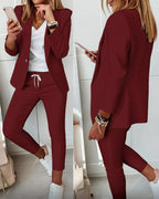 2-Piece Shawl Collar Blazer Set with Slim Fit Drawstring Pants