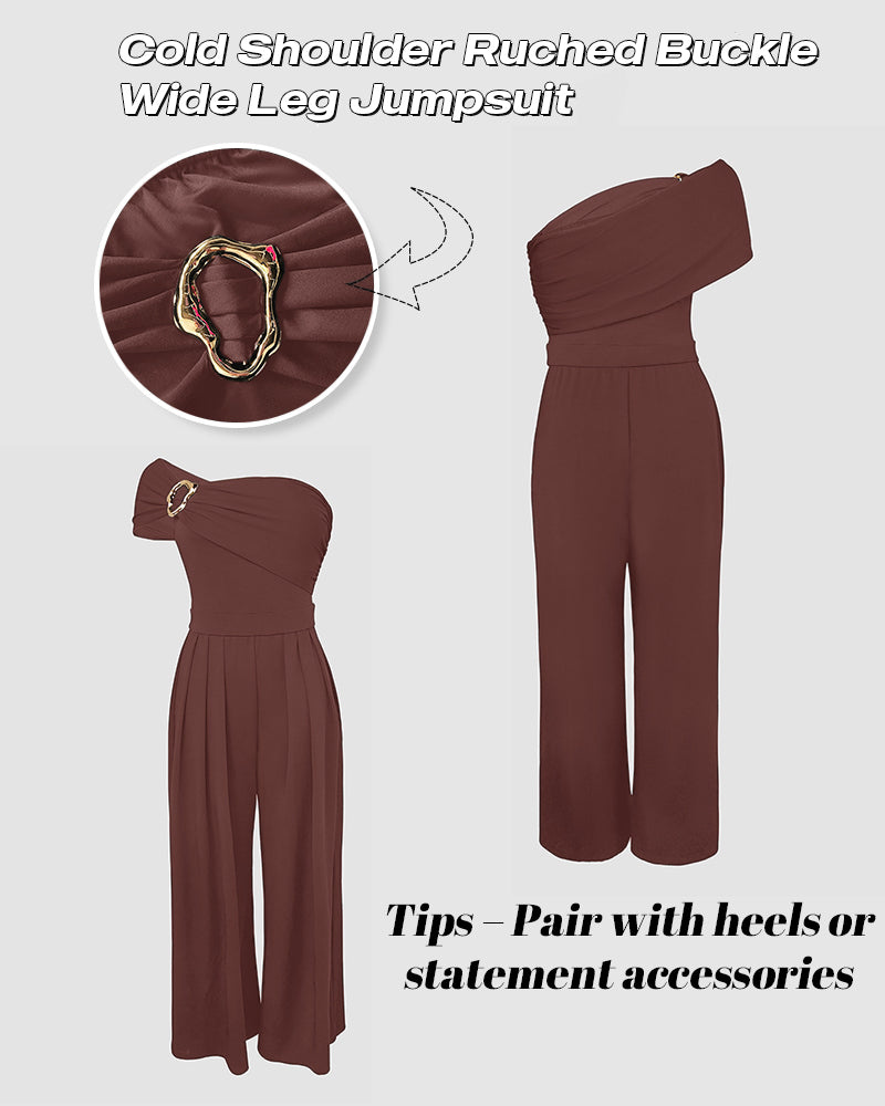 Buckled Cold Shoulder Ruched Wide-Leg Fashion Jumpsuit