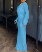 Padded Shoulder Cowl Neck Ruched Backless Maxi Dress
