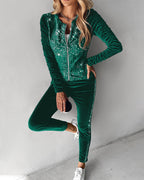 Sequin and Velvet Tracksuit with Ruched Zip-Up Coat and Pants
