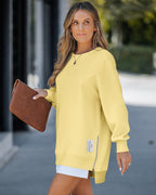 Drop Shoulder Zip-Side Long Sleeve Pullover with Slit Detail.