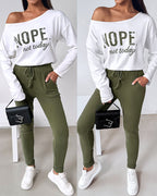 "Nope. Not Today" Asymmetric Neckline Top and Fitted Pants Set
