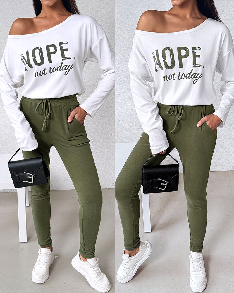 "Nope. Not Today" Asymmetric Neckline Top and Fitted Pants Set
