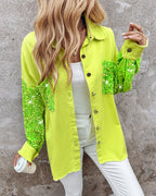Raw Hem Sequin Patchwork Denim Shacket with Button Front