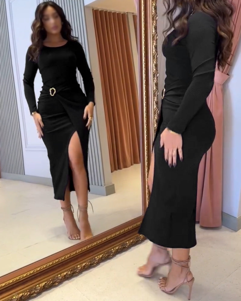 Ribbed Wrap Dress with Cinched Waist and Mid-Length Ring Detail