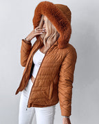 Fuzzy Trim Hooded Puffer Jacket with Shirred Zipper Pockets