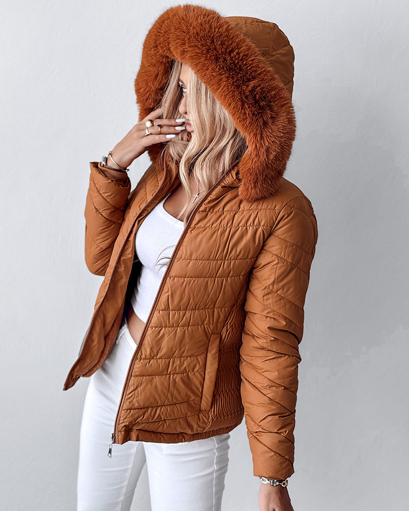 Fuzzy Trim Hooded Puffer Jacket with Shirred Zipper Pockets