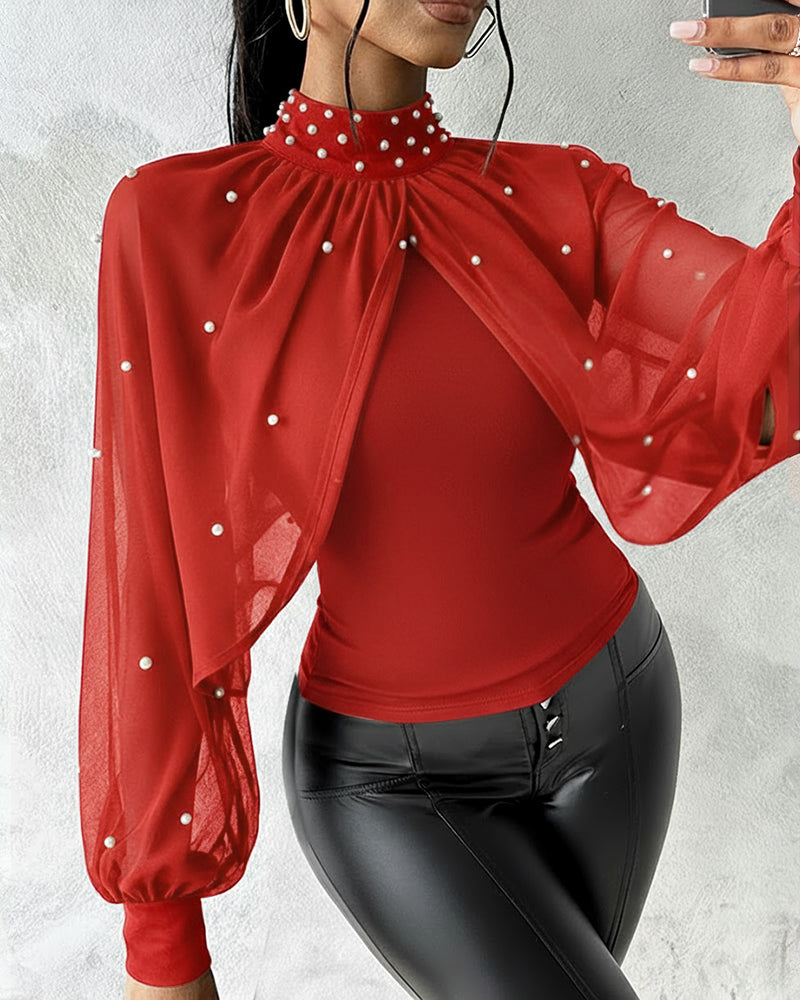 Pearl-Embellished High Neck Chiffon Tee with Draped Cape Sleeves