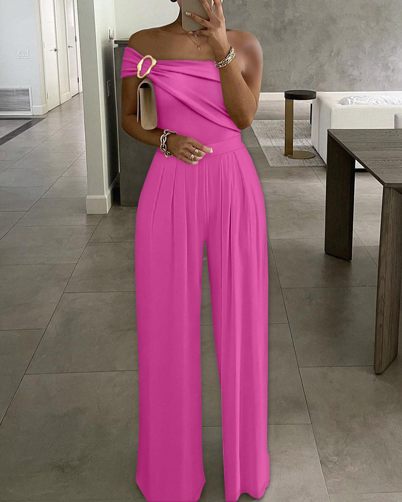 Buckled Cold Shoulder Ruched Wide-Leg Fashion Jumpsuit