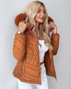 Fuzzy Trim Hooded Puffer Jacket with Shirred Zipper Pockets