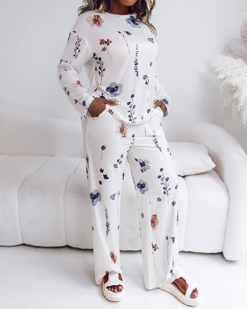 Floral Print Long-Sleeve Top and Pants Casual PJ Set
