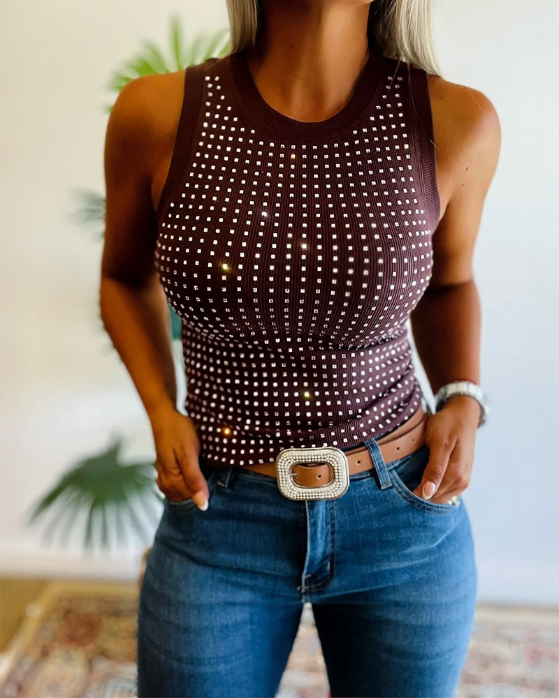 Embellished Rhinestone O-Neck Sleeveless Slim Ribbed Tank Top
