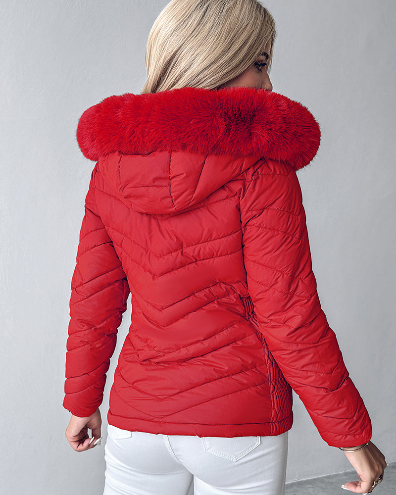 Fuzzy Trim Hooded Puffer Jacket with Shirred Zipper Pockets