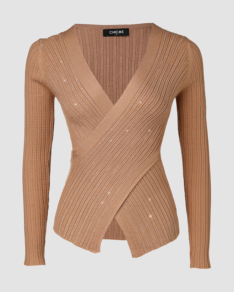 Asymmetrical Hem Rhinestone V-Neck Knit Sweater