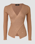Rhinestone Overlap V-Neck Knit Sweater with Asymmetrical Hem