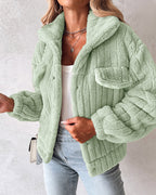 Striped Teddy Fleece Jacket with Buttons and Flap Pockets