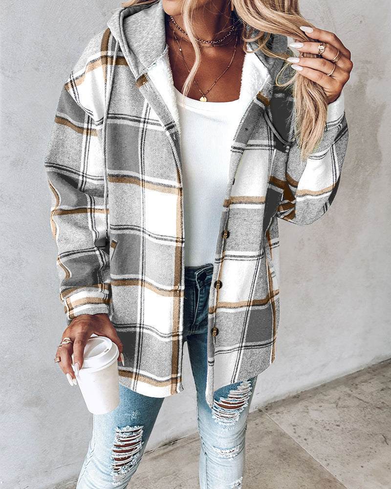 Hooded Plaid Shacket with Long Sleeves and Fleece Lining