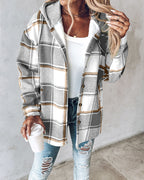Hooded Plaid Shacket with Long Sleeves and Fleece Lining