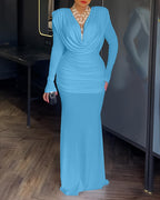 Padded Shoulder Cowl Neck Ruched Backless Maxi Dress