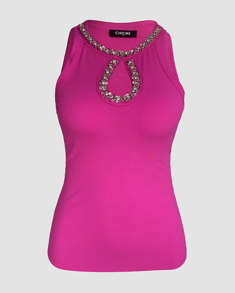 Rhinestone-Embellished Tank with Keyhole Neck and Sequin Details