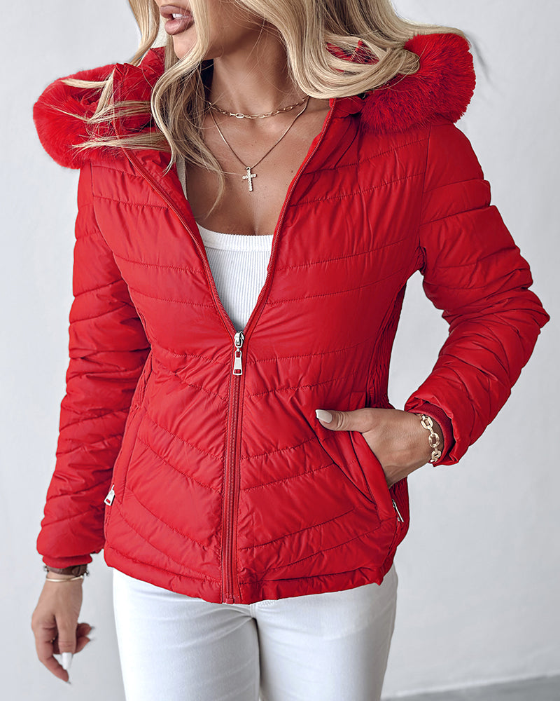 Fuzzy Trim Hooded Puffer Jacket with Shirred Zipper Pockets