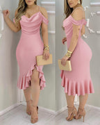 Pearl-Strap Cowl Neck Bodycon Dress with Ruffled Hem