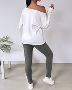 "Nope. Not Today" Asymmetric Neckline Top and Fitted Pants Set