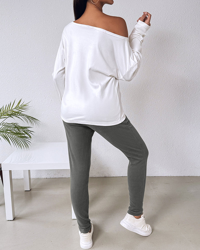 "Nope. Not Today" Asymmetric Neckline Top and Fitted Pants Set