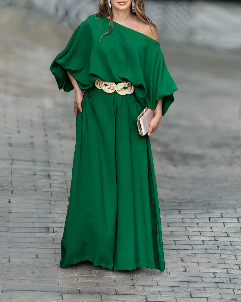 Lantern Sleeve Top and Wide Leg Pants Set with Zipper