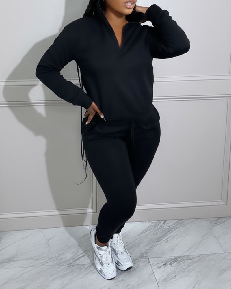 2-Piece Half-Zip High Neck Top and Drawstring Joggers Set