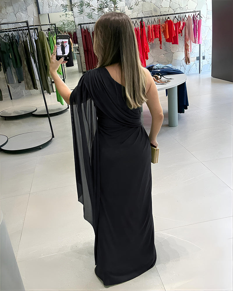 One-Shoulder Mesh Cloak Sleeve Dress with Ruched Waist and Slit