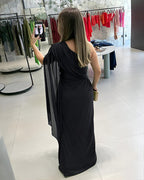 One-Shoulder Mesh Cloak Sleeve Dress with Ruched Waist and Slit