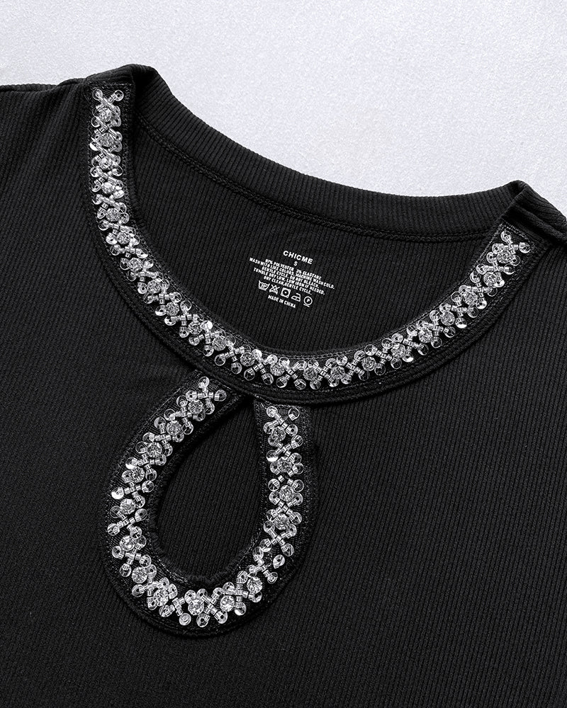 Rhinestone Keyhole Neck Ribbed Top with Hollow Water Drop Detail