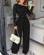 Pearl-Adorned Asymmetrical Neck Ruched Jumpsuit with Cinched Waist