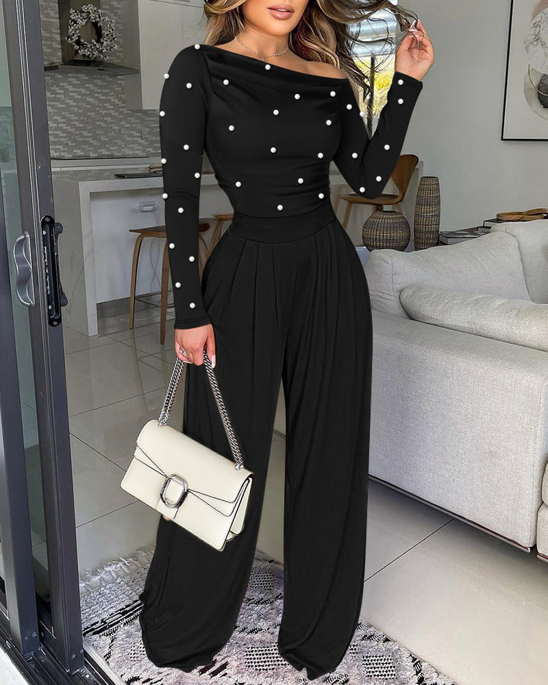 Pearl-Adorned Asymmetrical Neck Ruched Jumpsuit with Cinched Waist