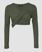 Rib Knit Notch Neck Long Sleeve Top with Built-In Bra