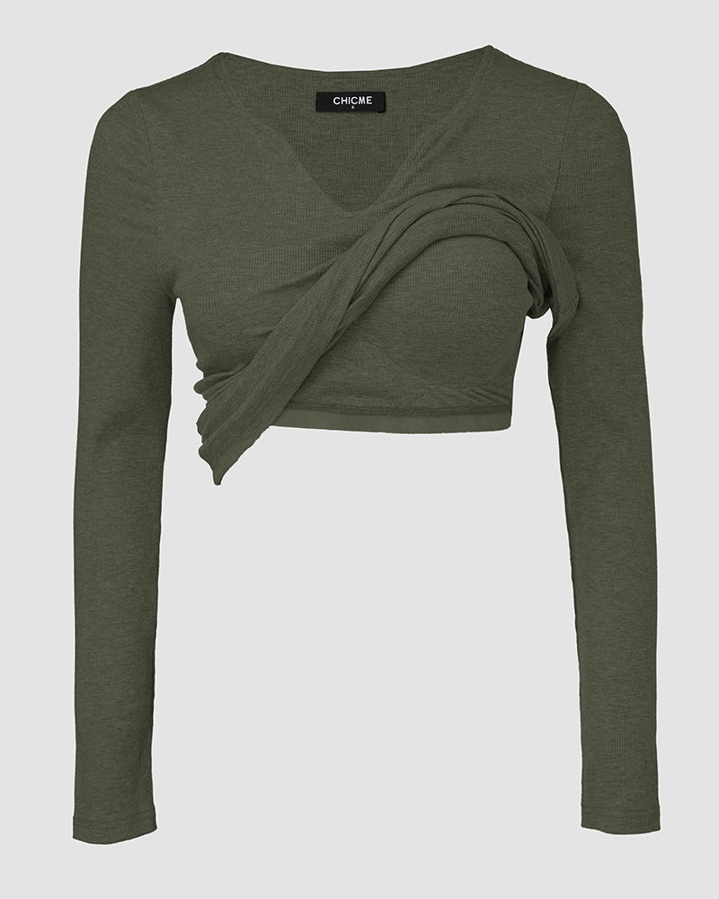 Rib Knit Notch Neck Long Sleeve Top with Built-In Bra