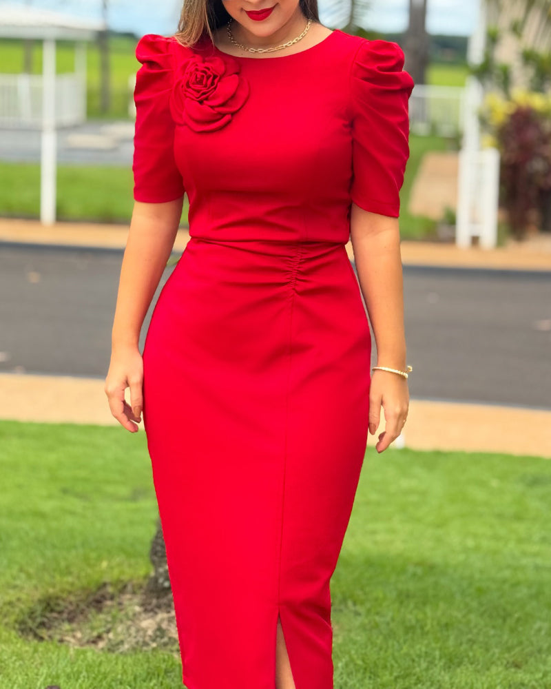 3D Floral Ruched Bodycon Dress with Puff Sleeves and Slit
