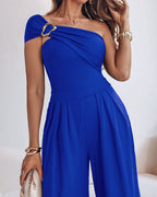 Buckled Cold Shoulder Ruched Wide-Leg Fashion Jumpsuit