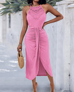Ruched Halter Dress with Lace Yoke and Adjustable Neckline