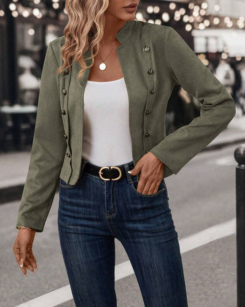 Faux Suede Jacket with Stand Collar and Button-Up Front
