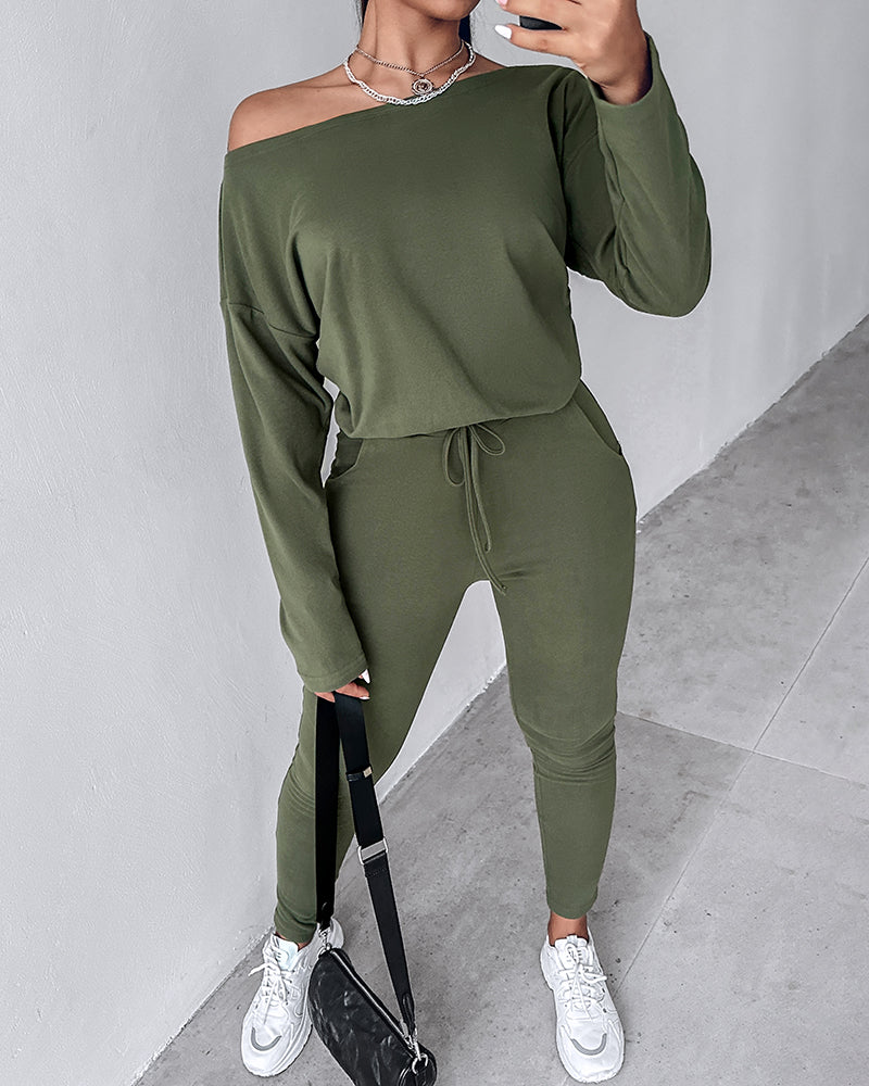 2-Piece Asymmetrical Neck Sweater and Drawstring Slim-Fit Pants Set