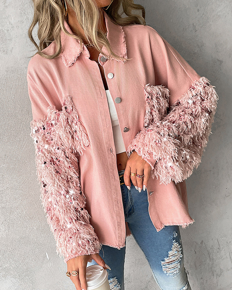 Collared Denim Coat with Sequins, Fuzzy Trim, and Pockets