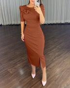 3D Floral Ruched Bodycon Dress with Puff Sleeves and Slit